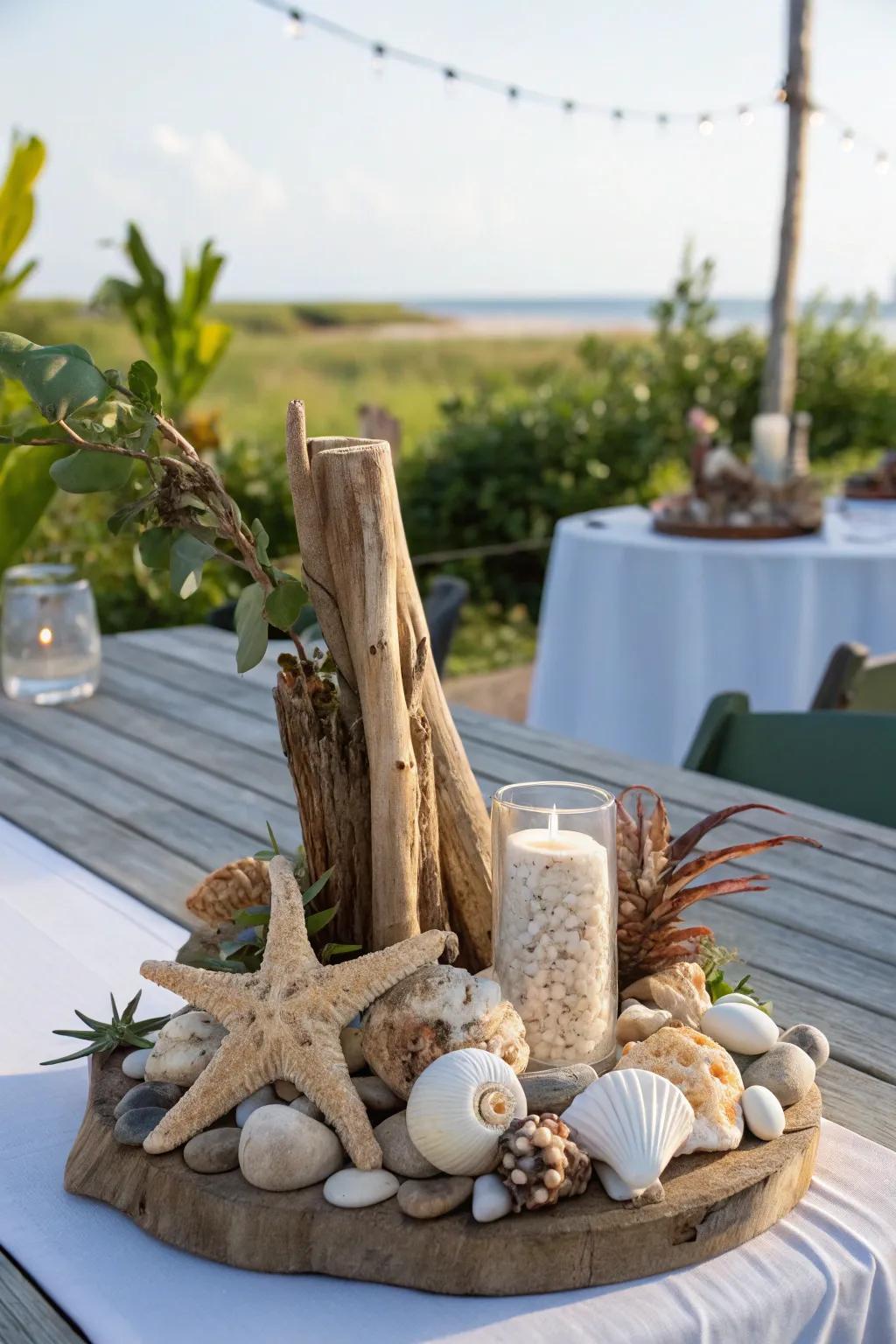 A shell centerpiece can serve as a stylish point of focus within your outdoor decor.