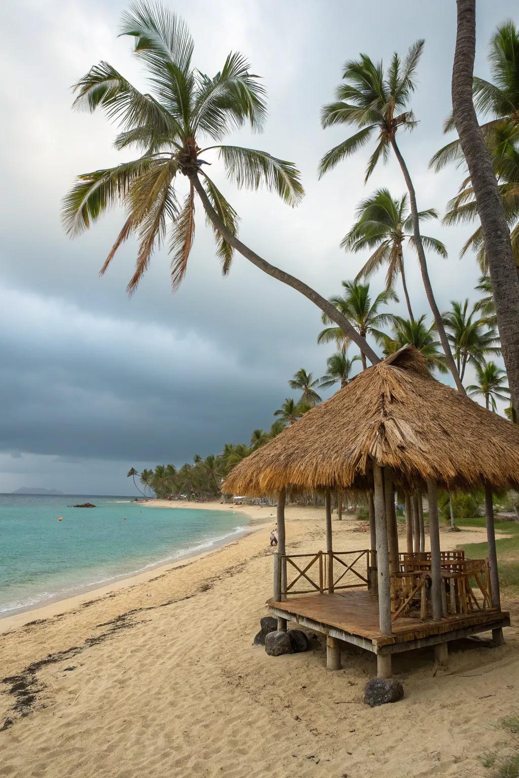 Coconut palm huts convey innate beauty and effective shade.