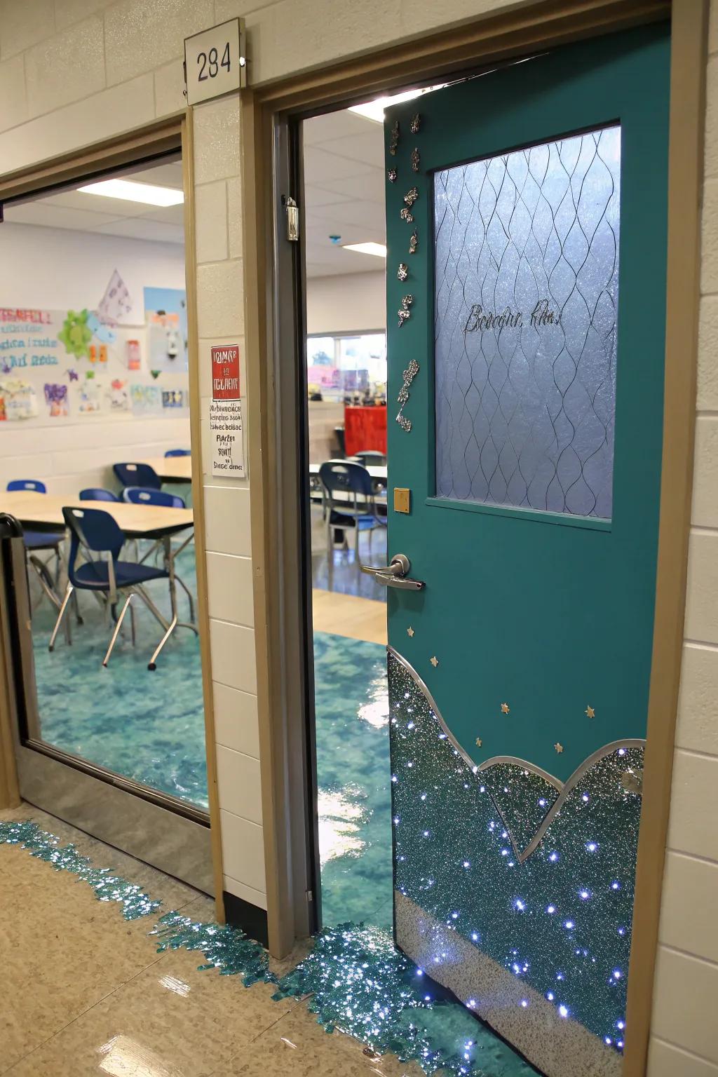 Classroom door showcasing shimmery sea elements for a hint of magic.