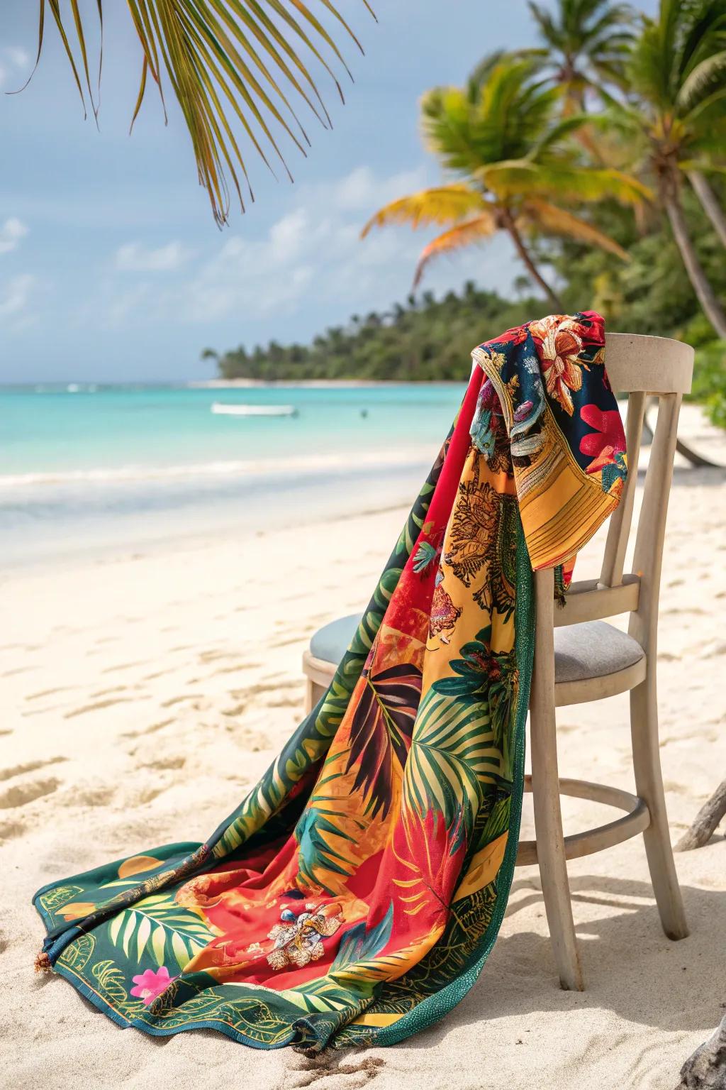 Add a splash of color to your outfit with a tropical print scarf.