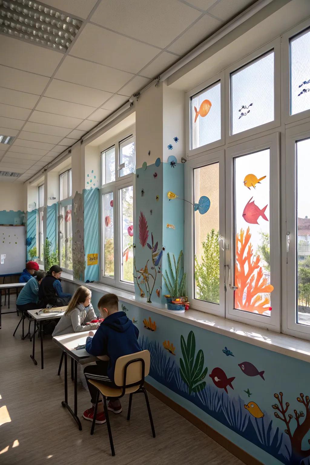 Ocean-life-themed window art adding a playful and colorful touch to the classroom.