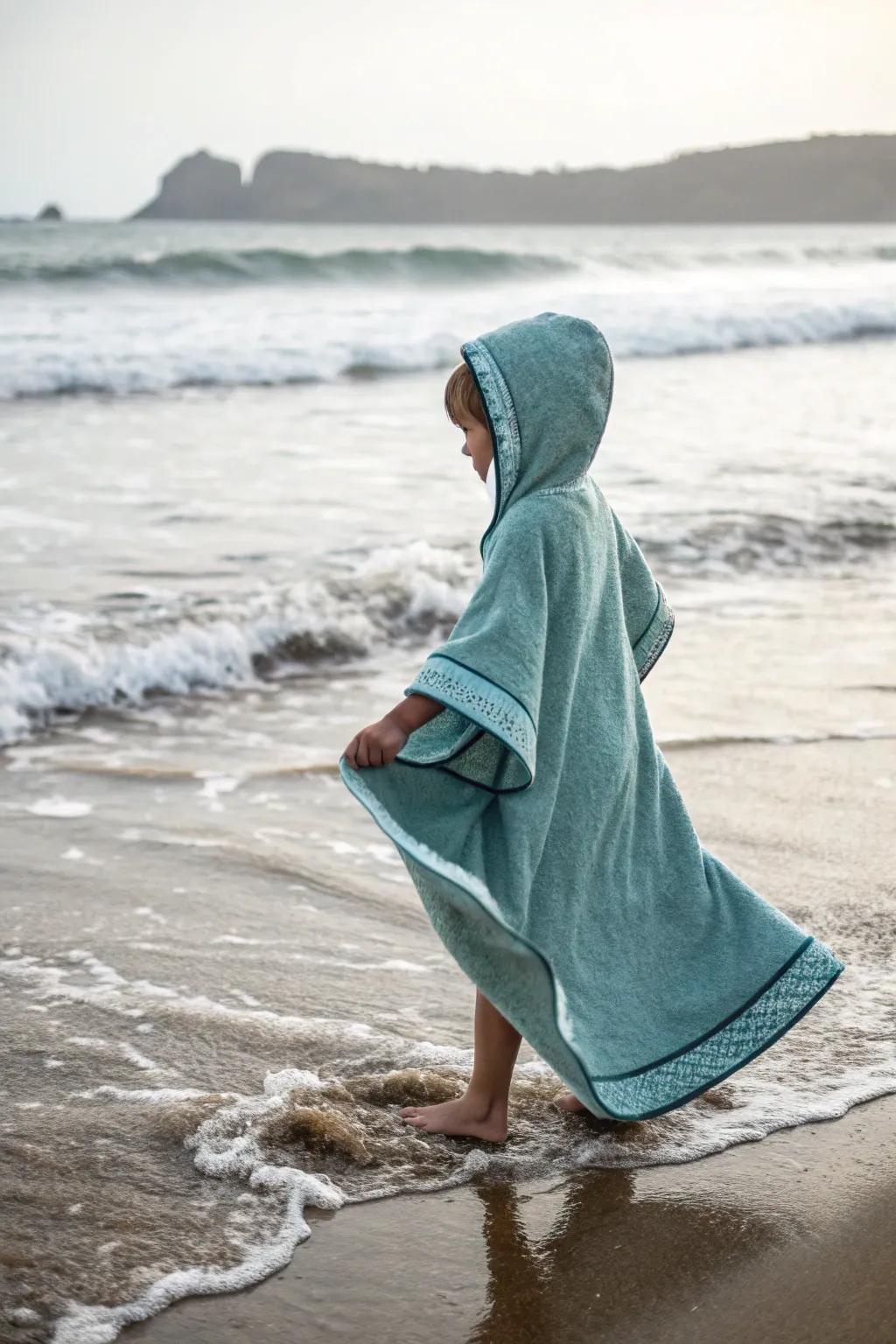 Stay warm and dry using convenient towel ponchos that are perfect for any beachgoer.