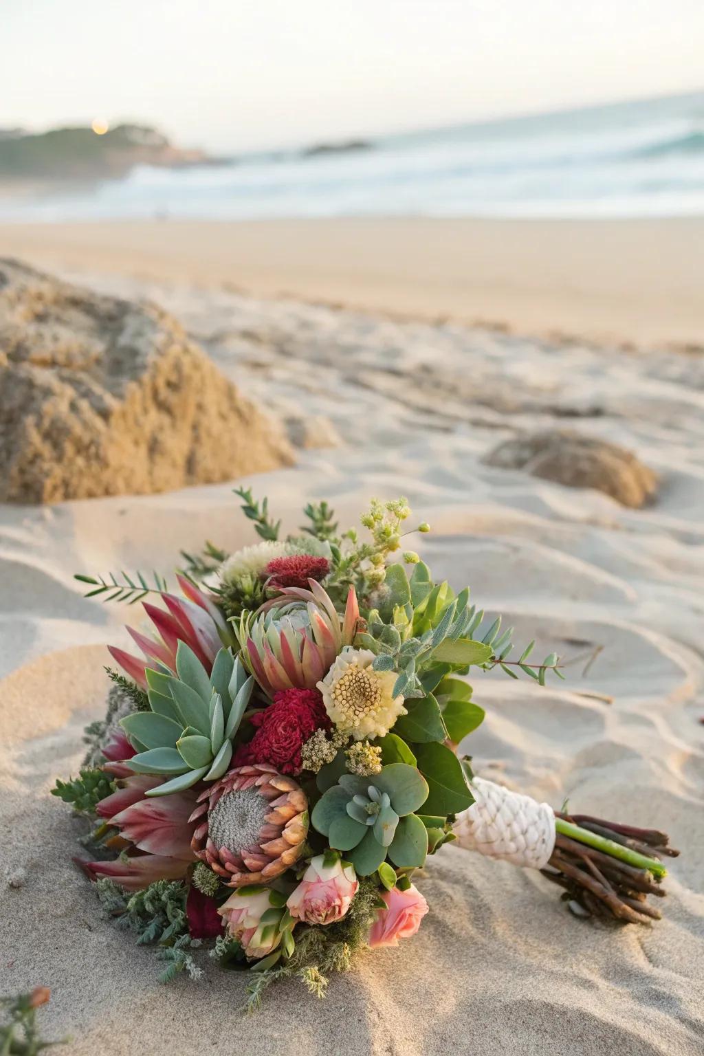 A textured arrangement that brings depth to a beach wedding.