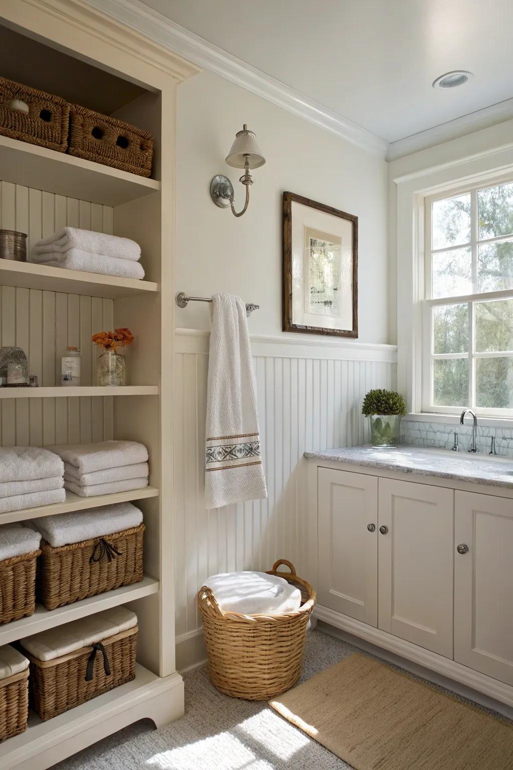 Groove panels provide a stylish backdrop for storage.