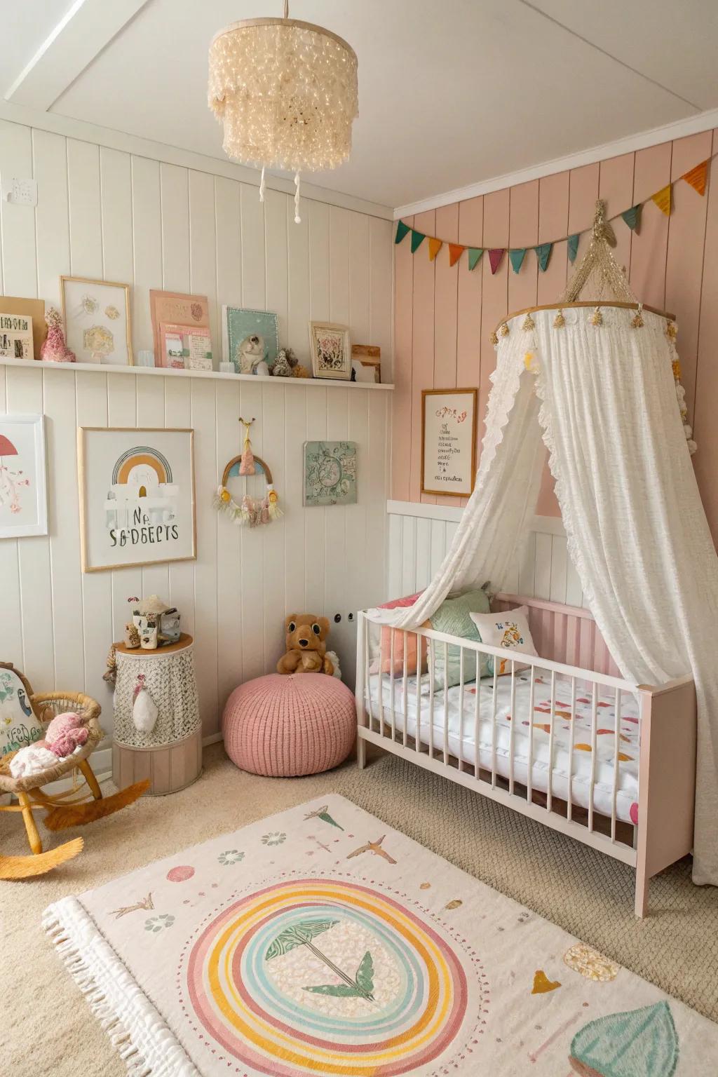 A playful nursery with plank panel walls.