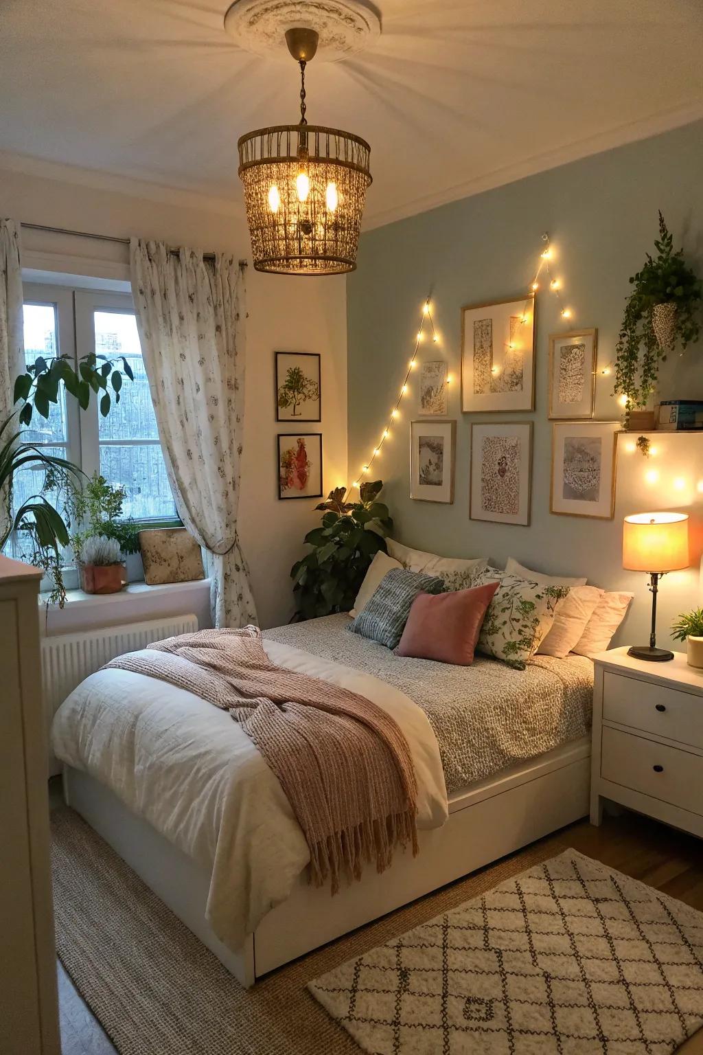 Layered lighting enhances the cozy ambiance of a corner bed.