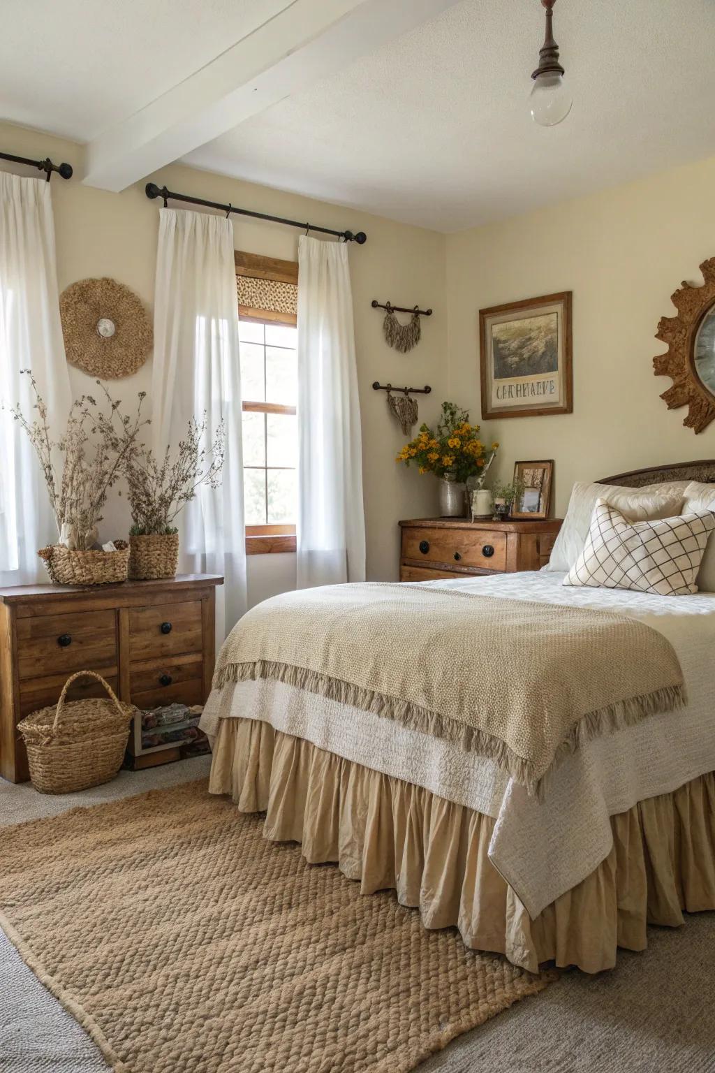 Burlap contributes a rustic charm to any bedroom.