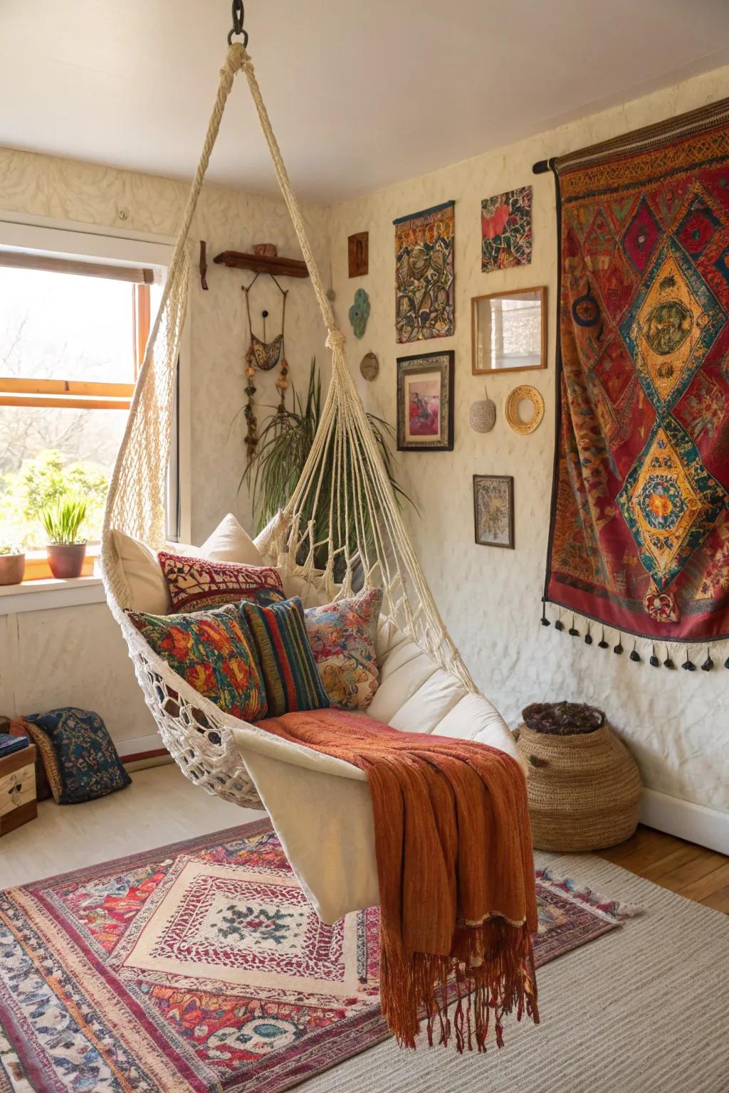 Hammock chairs evoke a bohemian and relaxed atmosphere.