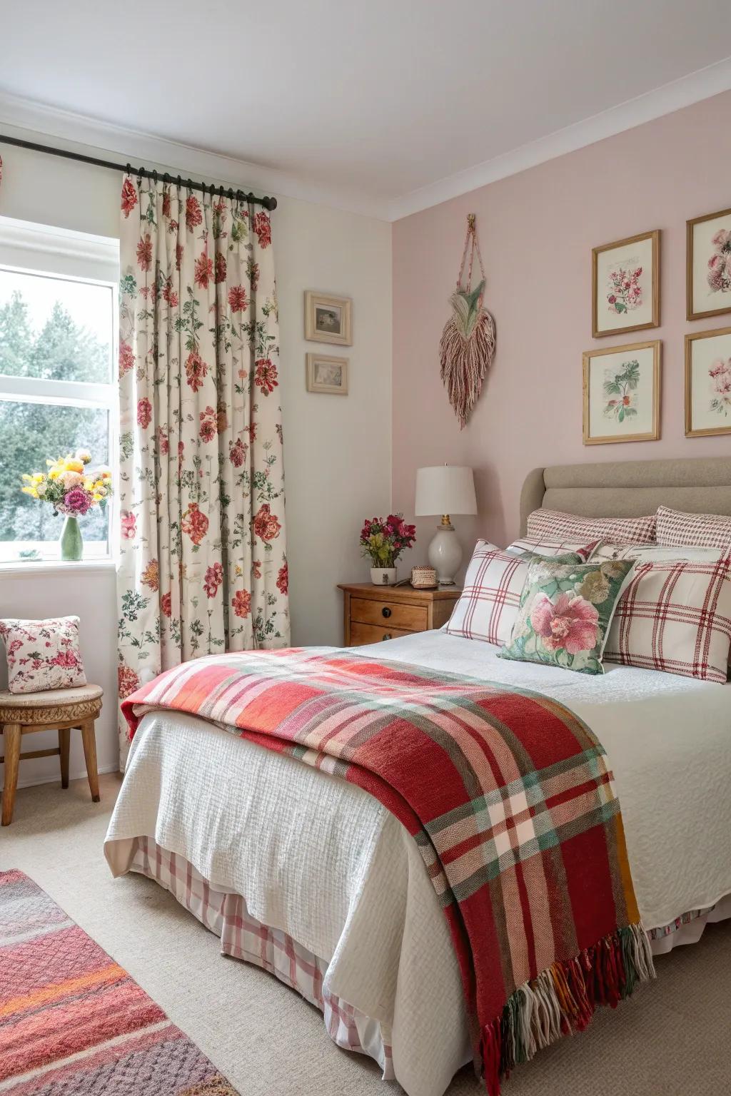 Mixed designs in a cohesive color scheme add dimension and interest to this lively bedroom.