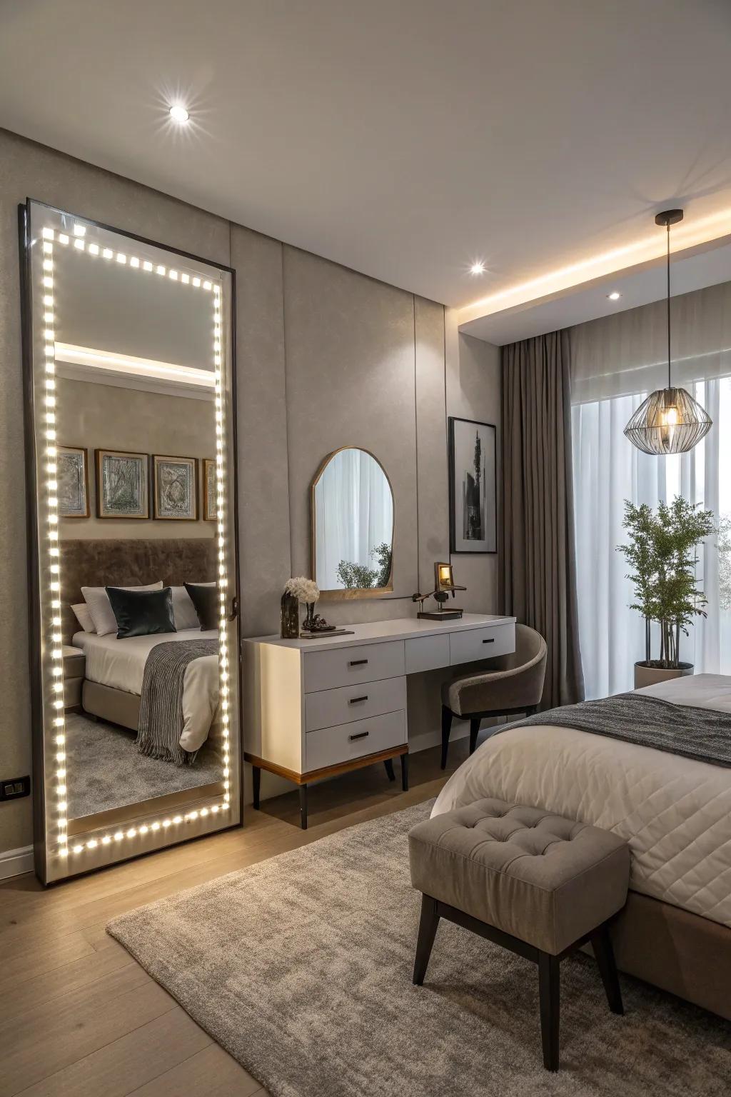 Backlit mirrors give bedroom décor a sleek touch.
