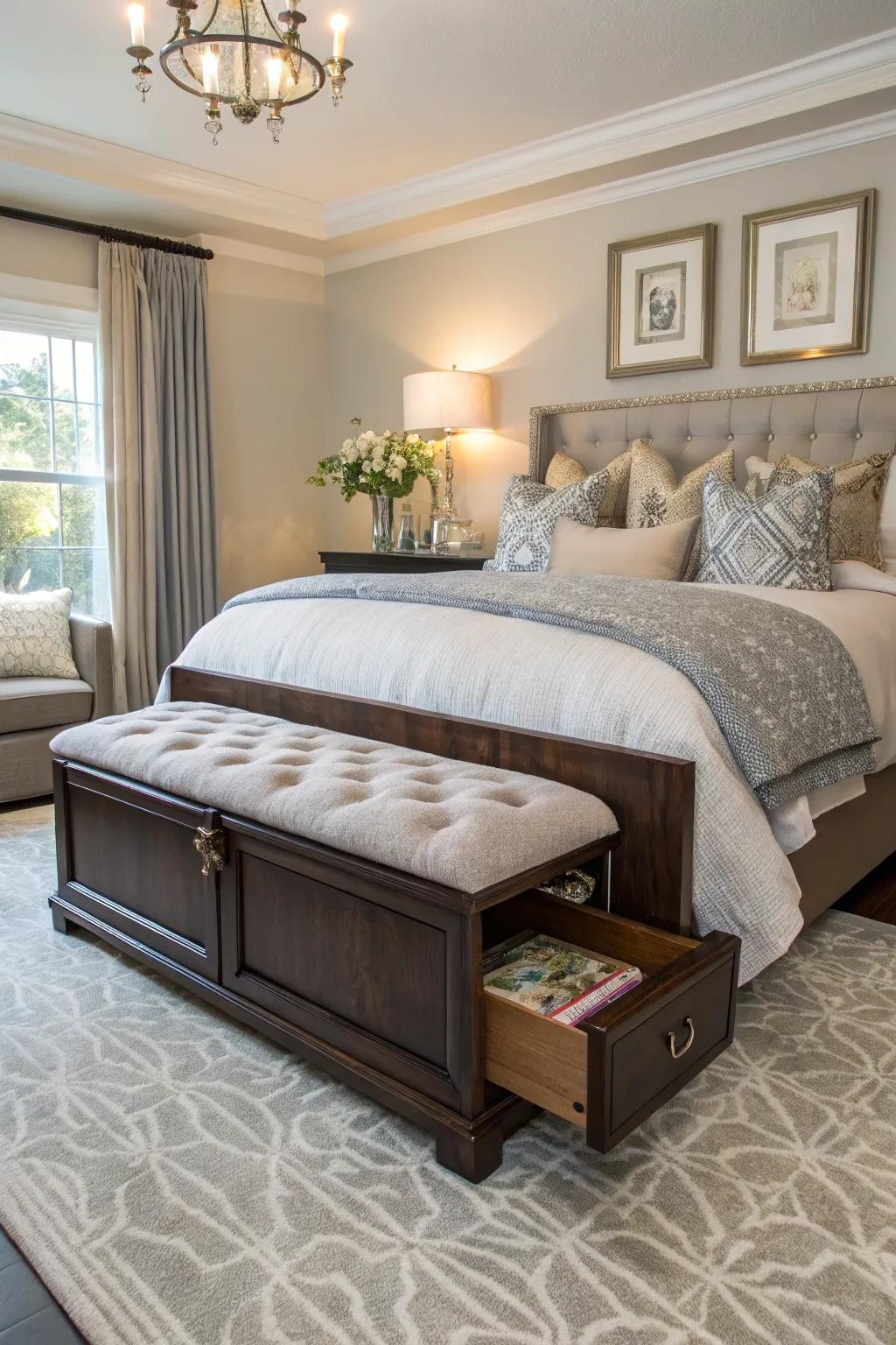 Blend seating and stowing space with a chic bench in your boudoir.