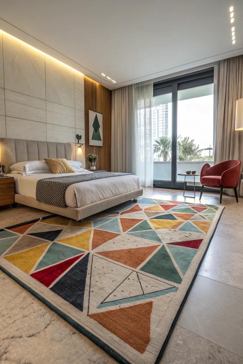 Abstract carpets add modern art to the floor.