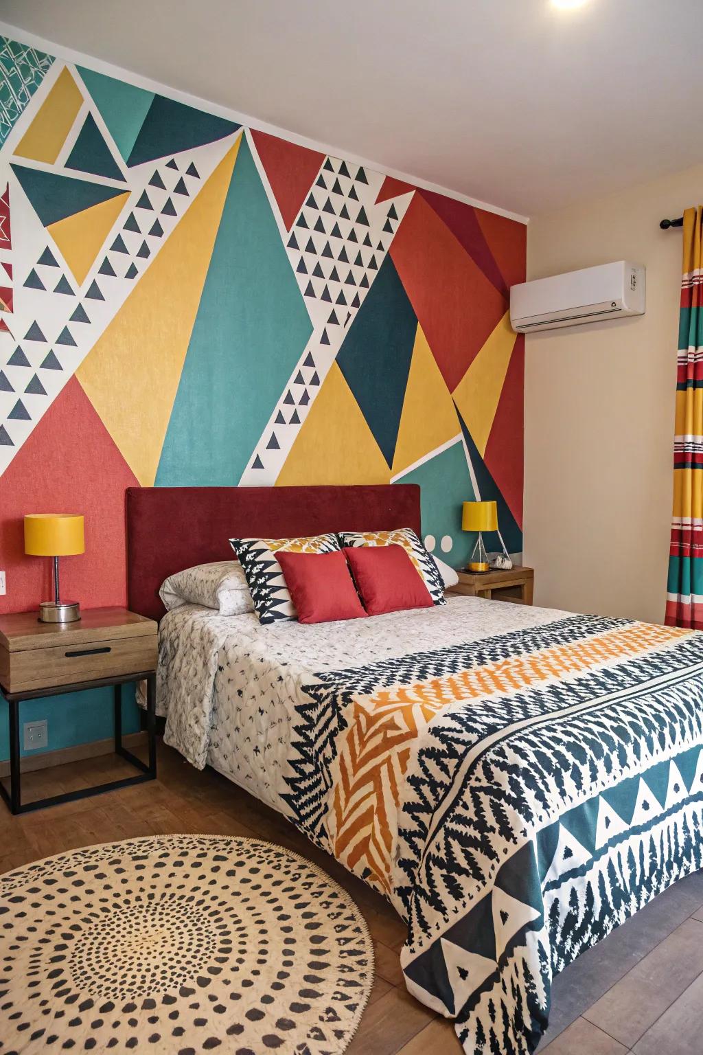A bedroom energized by bold geometric patterns.