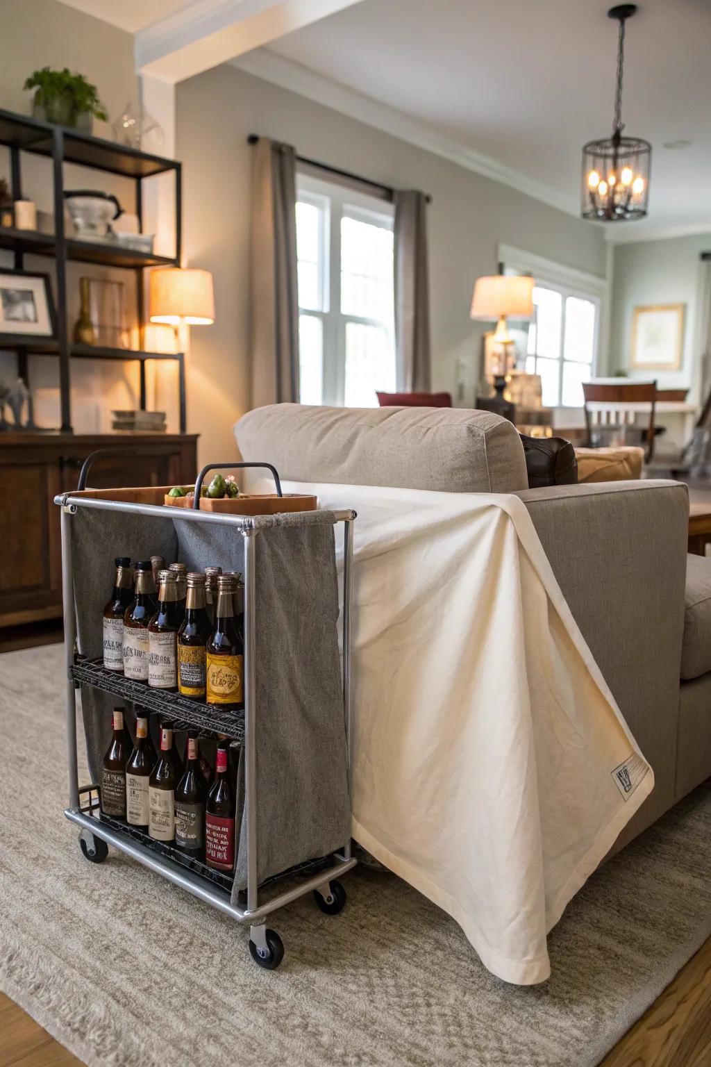 A secret serving trolley in the lounge storing beer bottles stylishly.