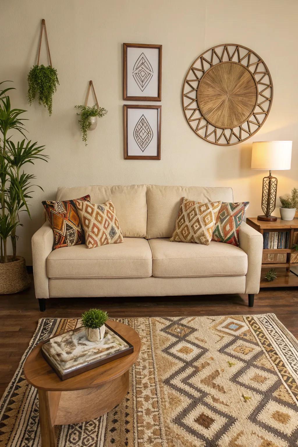 A geometric pattern adds a modern touch to a living room featuring a sand-toned sofa.