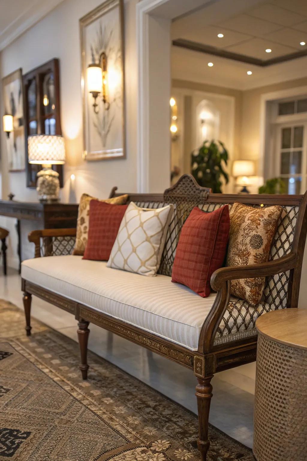 Cushions serving as a backrest enhance comfort and support.