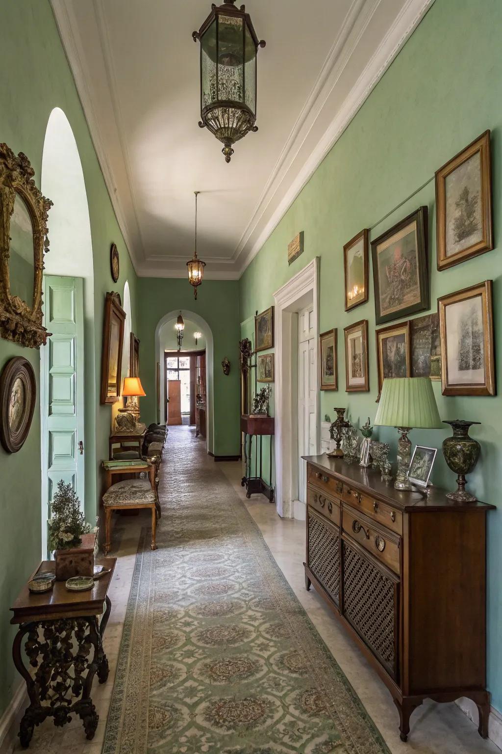 A charming hallway featuring subtle lovely green walls.