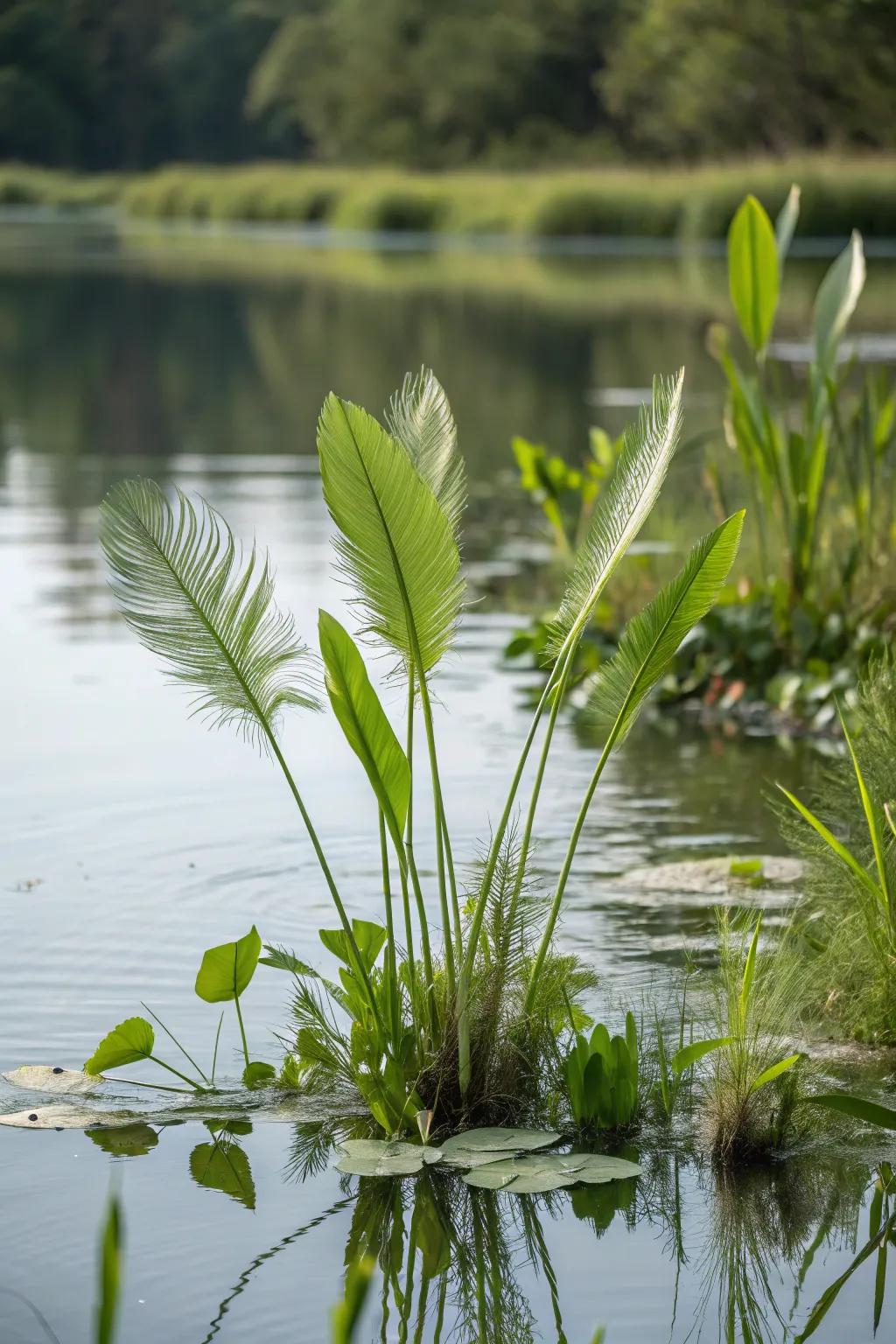 Plume grass imparts texture and a refuge for fish beneath the water.