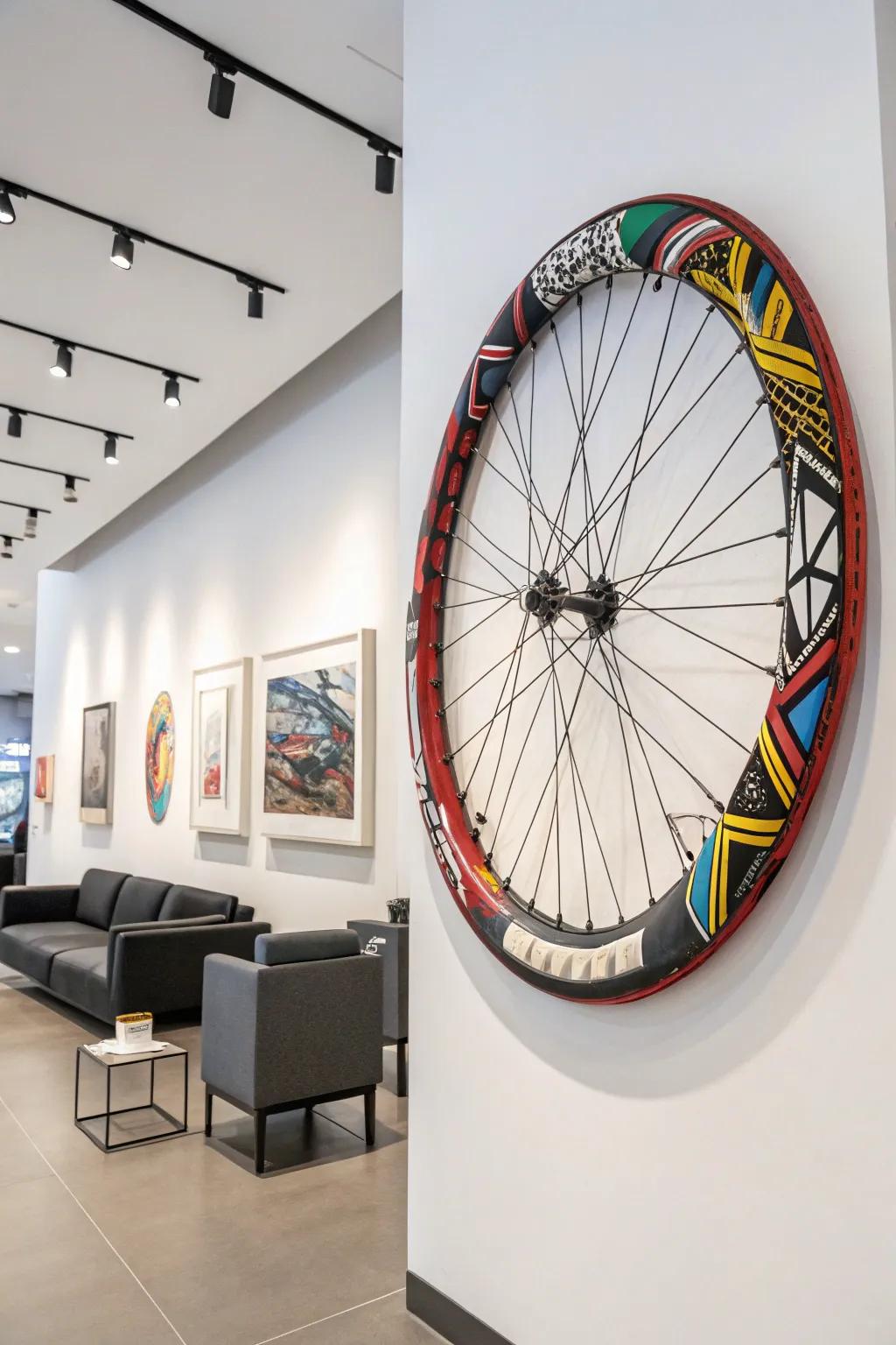 An abstract bicycle wreath featuring bold colors and patterns for an artistic detail.