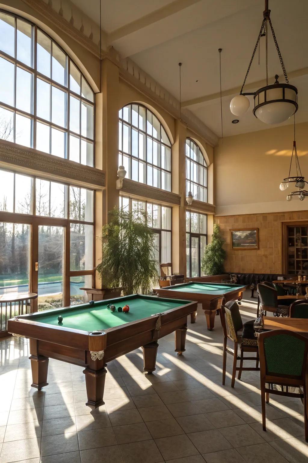 Natural illumination brightens and steps up your billiard spot.