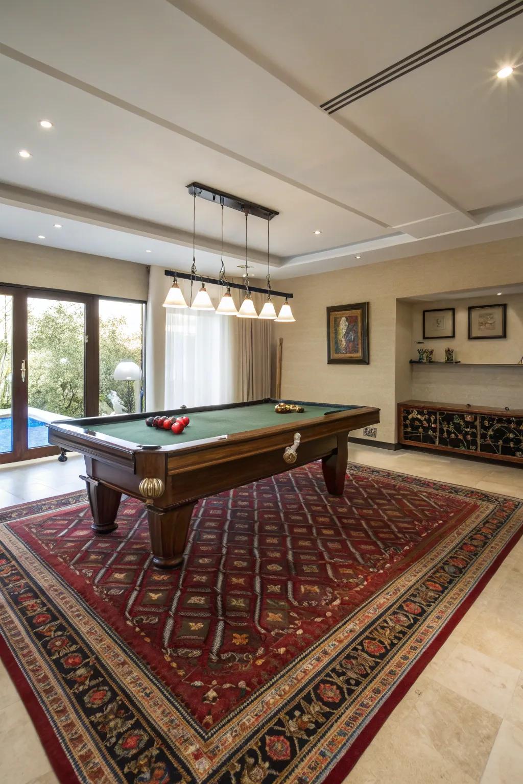 Rugs define separate zones in a billiards room.