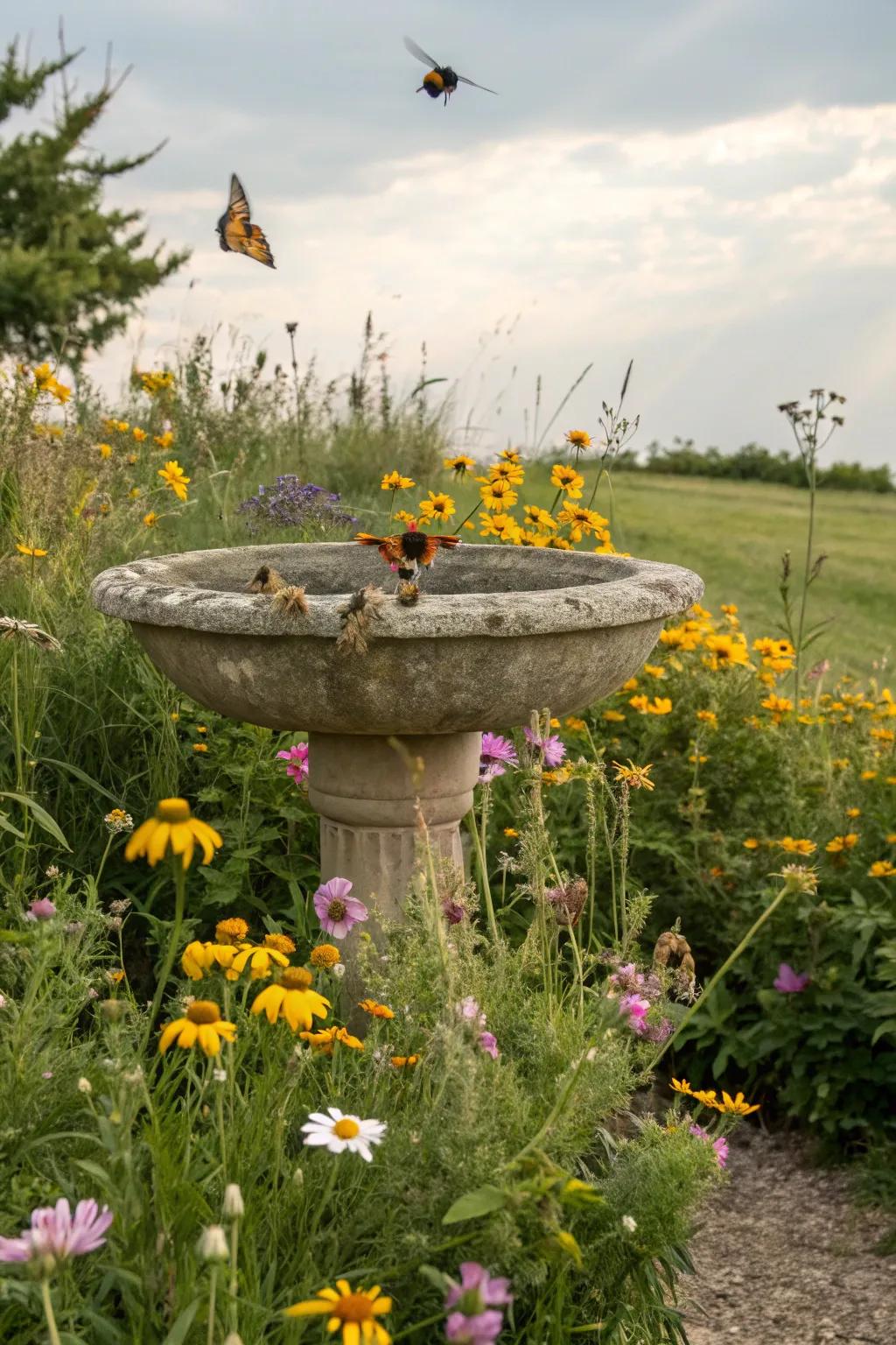A wildflower wonderland around a bird bath attracts life and color.