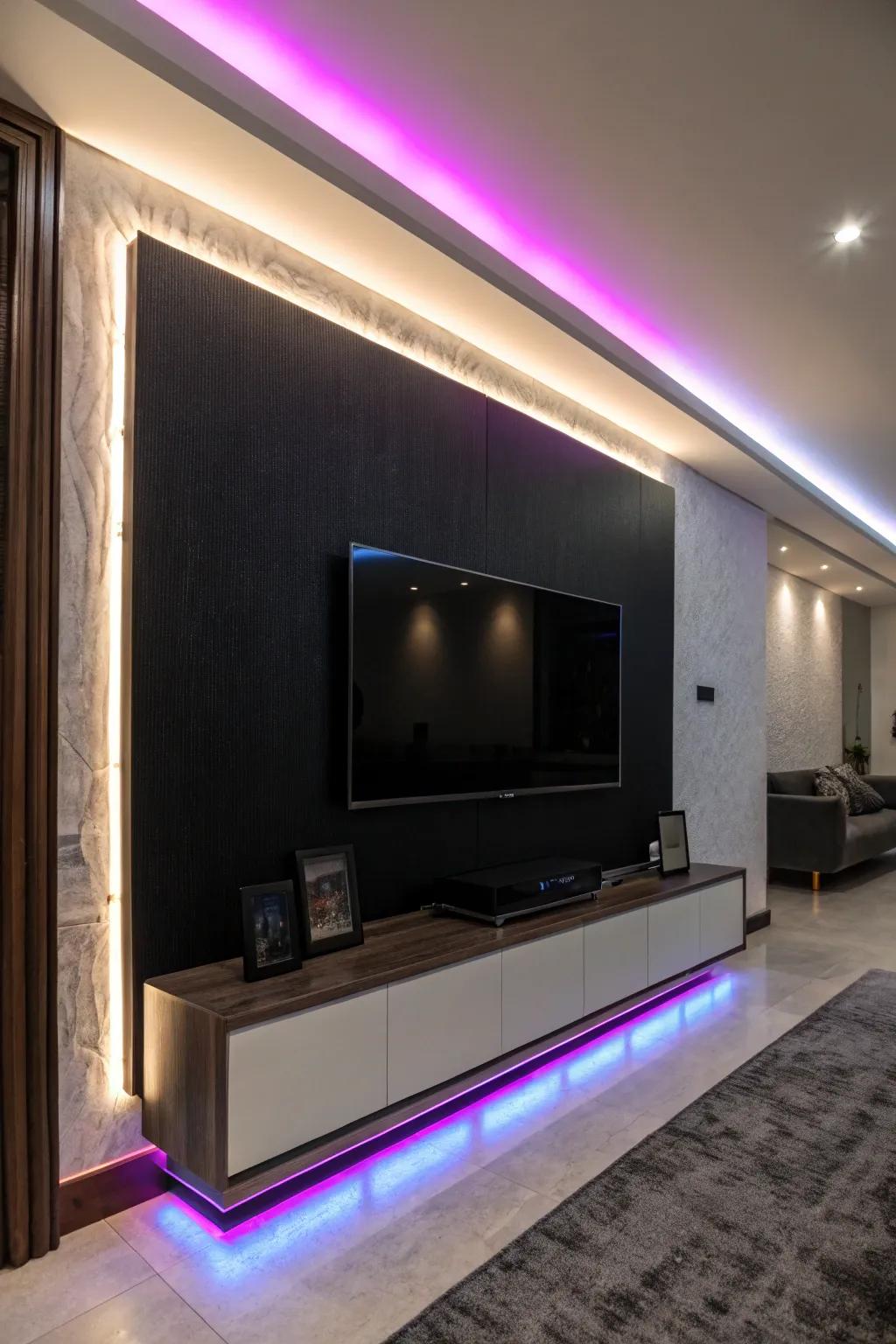 Tech lighting injects a vibrant and customizable component to a dark accent wall.