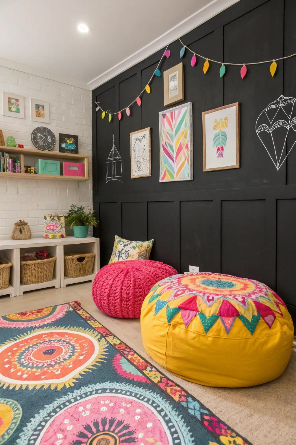 A room where a black accent wall is paired with vibrant colorful decor for striking contrast.