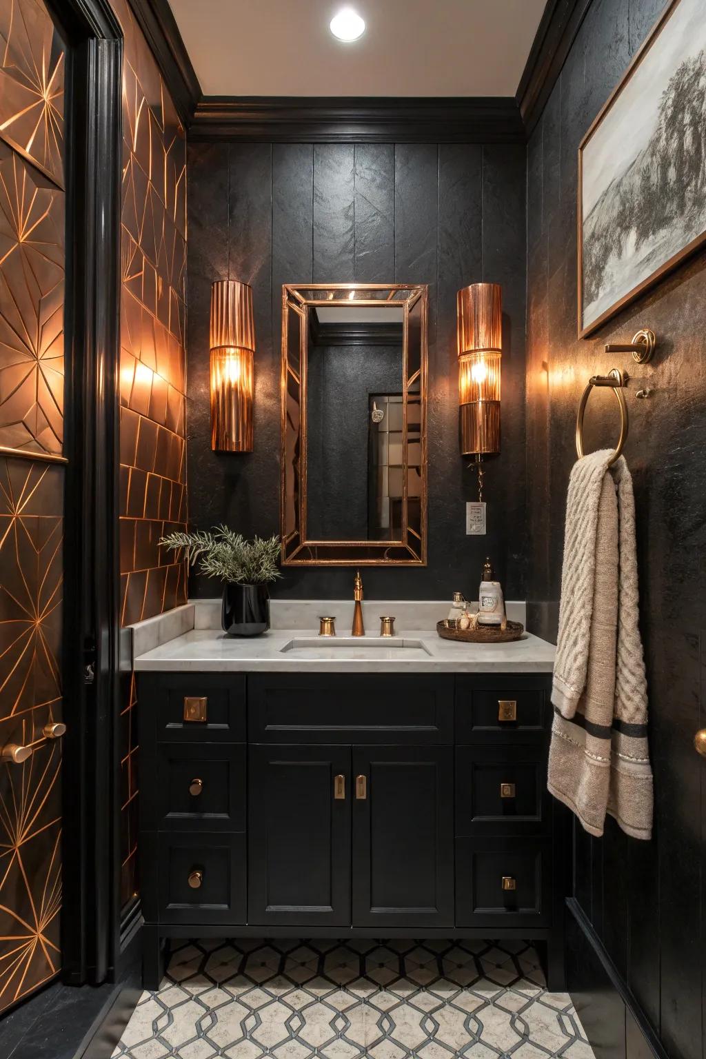 Copper sconces add a subtle glam to the bathroom.
