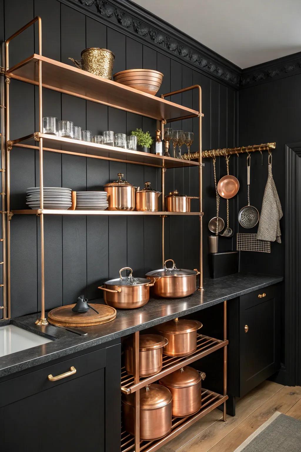 Copper shelves deliver functional elegance within a contemporary kitchen.