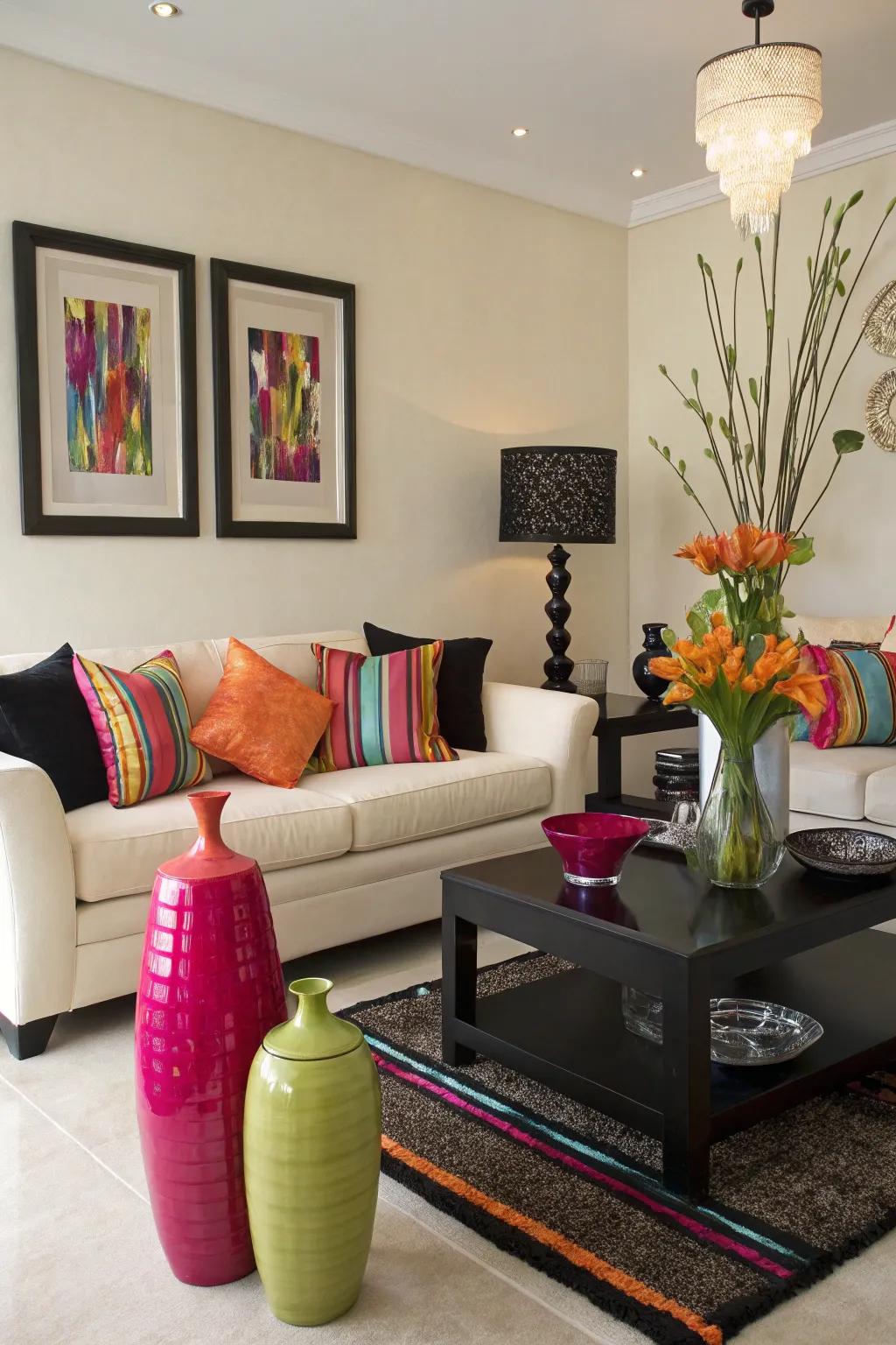 A dash of color through accessories adds excitement to the classic palette.