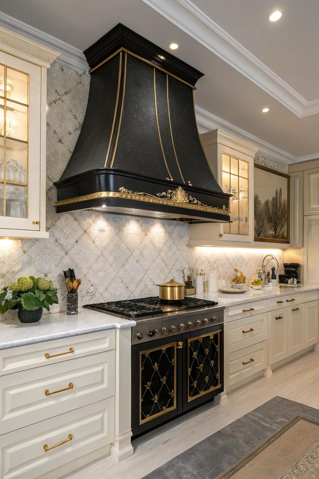Gilded trim on a black range hood adds a touch of luxury.