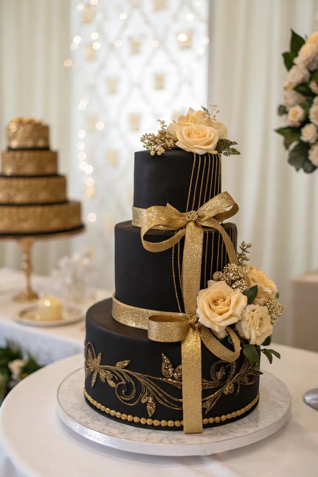 Gold ribbons add a classic yet fresh twist to this elegant cake.