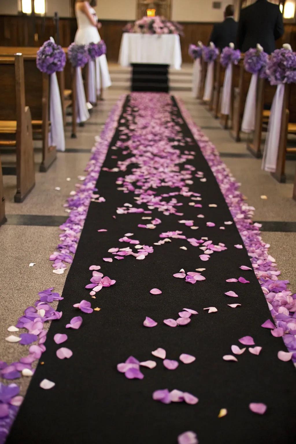 Charming aisle runner with lavender petals.