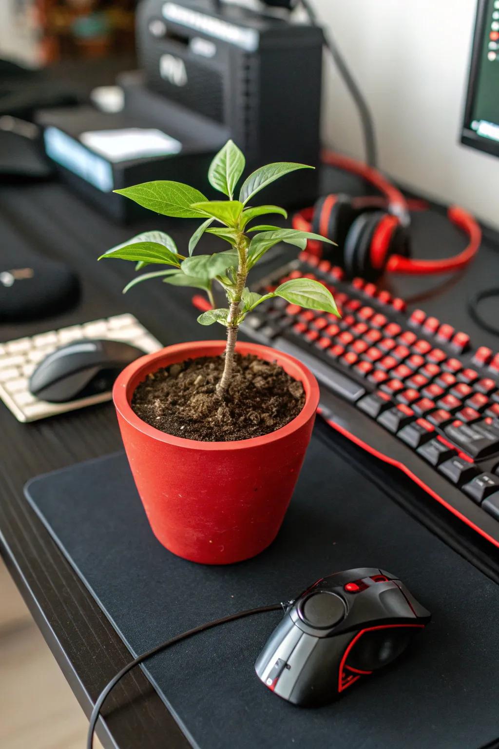 A small plant in a red pot adds a hint of nature to the high-tech gaming setup.