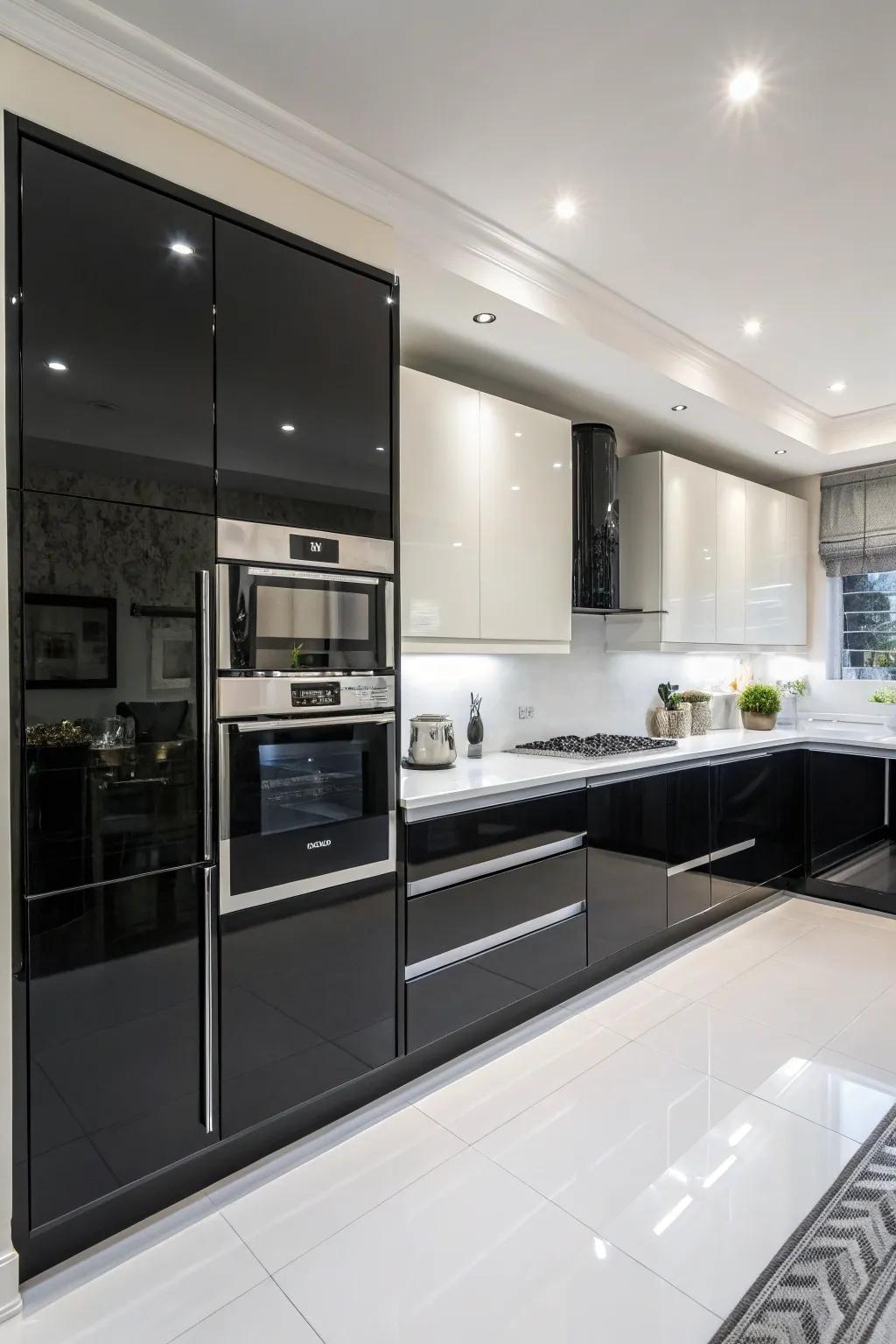Highly reflective finishes add a sophisticated look to this kitchen.