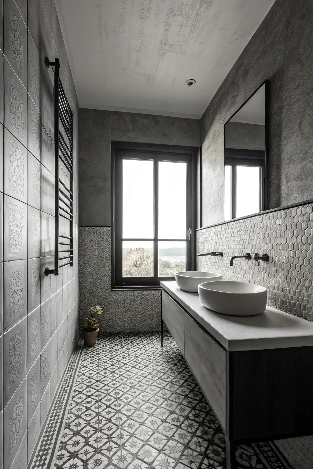 Woven surfaces add dimension to a minimalist chromatic restroom.