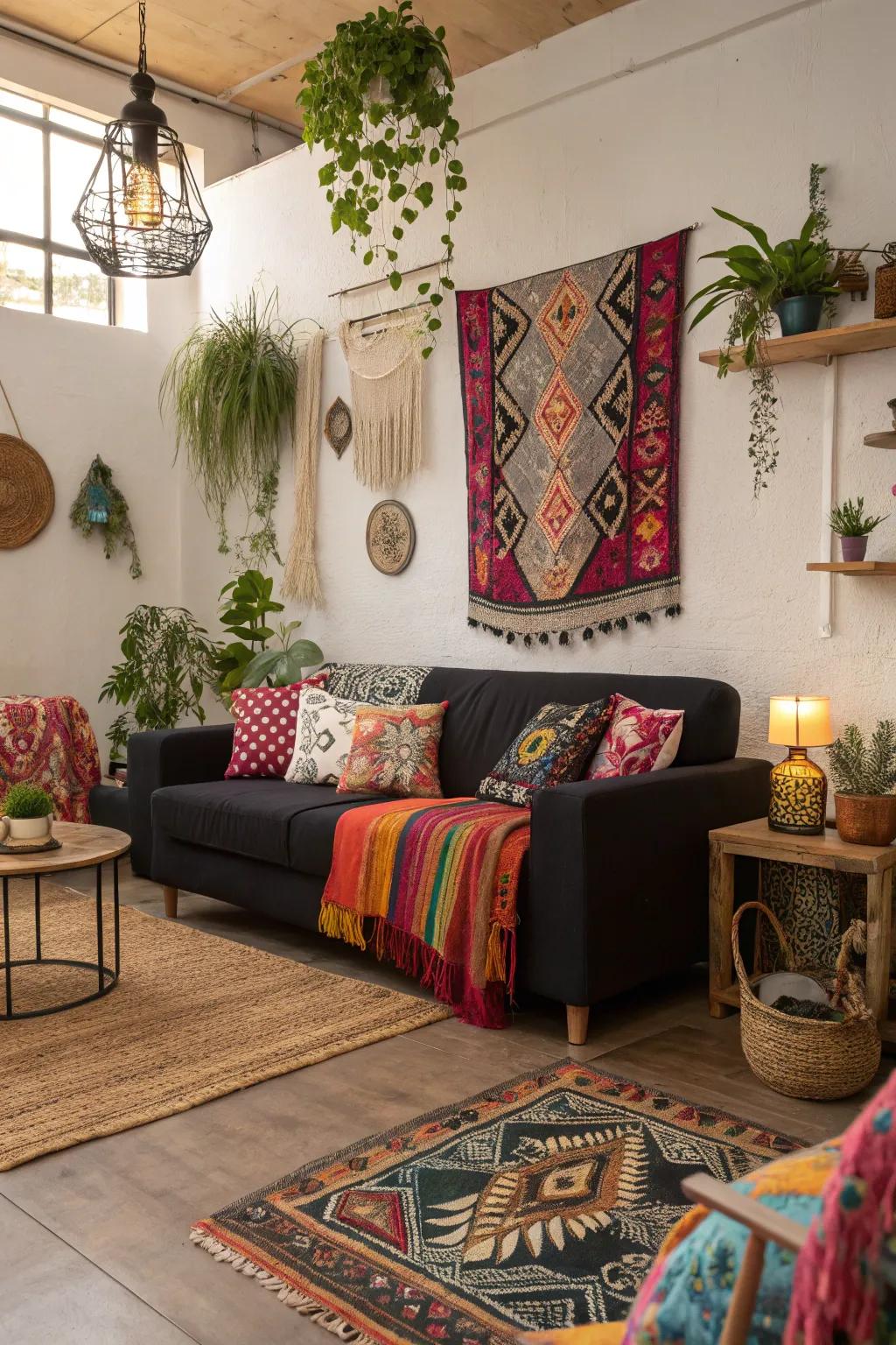 Bohemian bliss with a carefree dark-toned sofa.