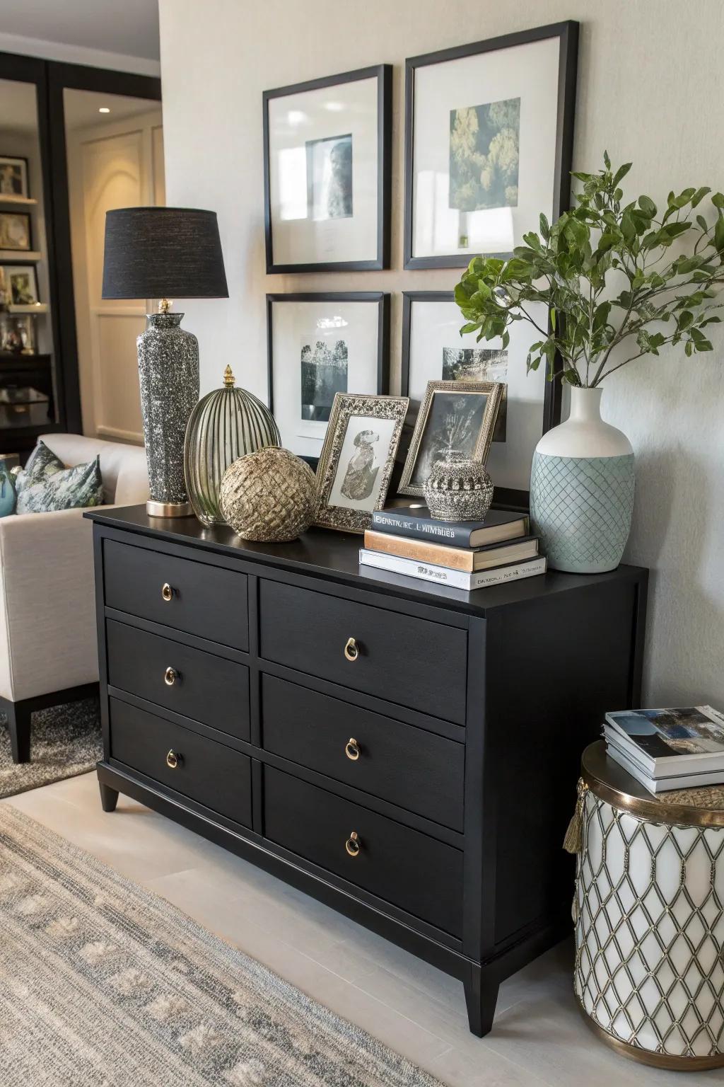 A black dresser showcasing the art of layering with diverse decor.