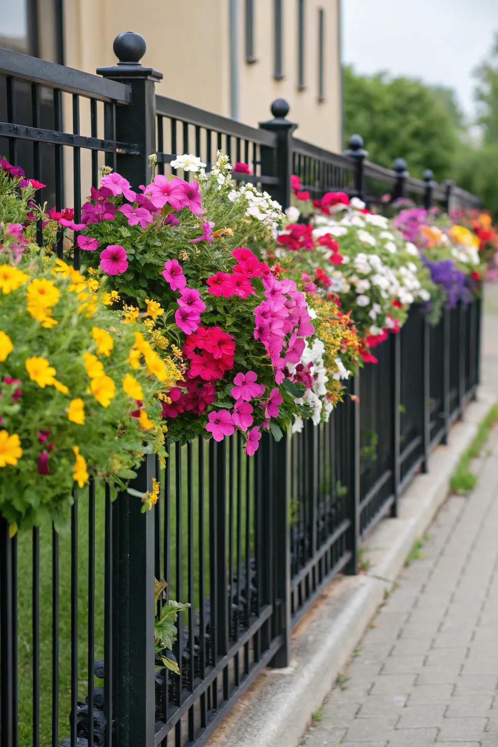 Bright blossoms stand out against a striking black fence.