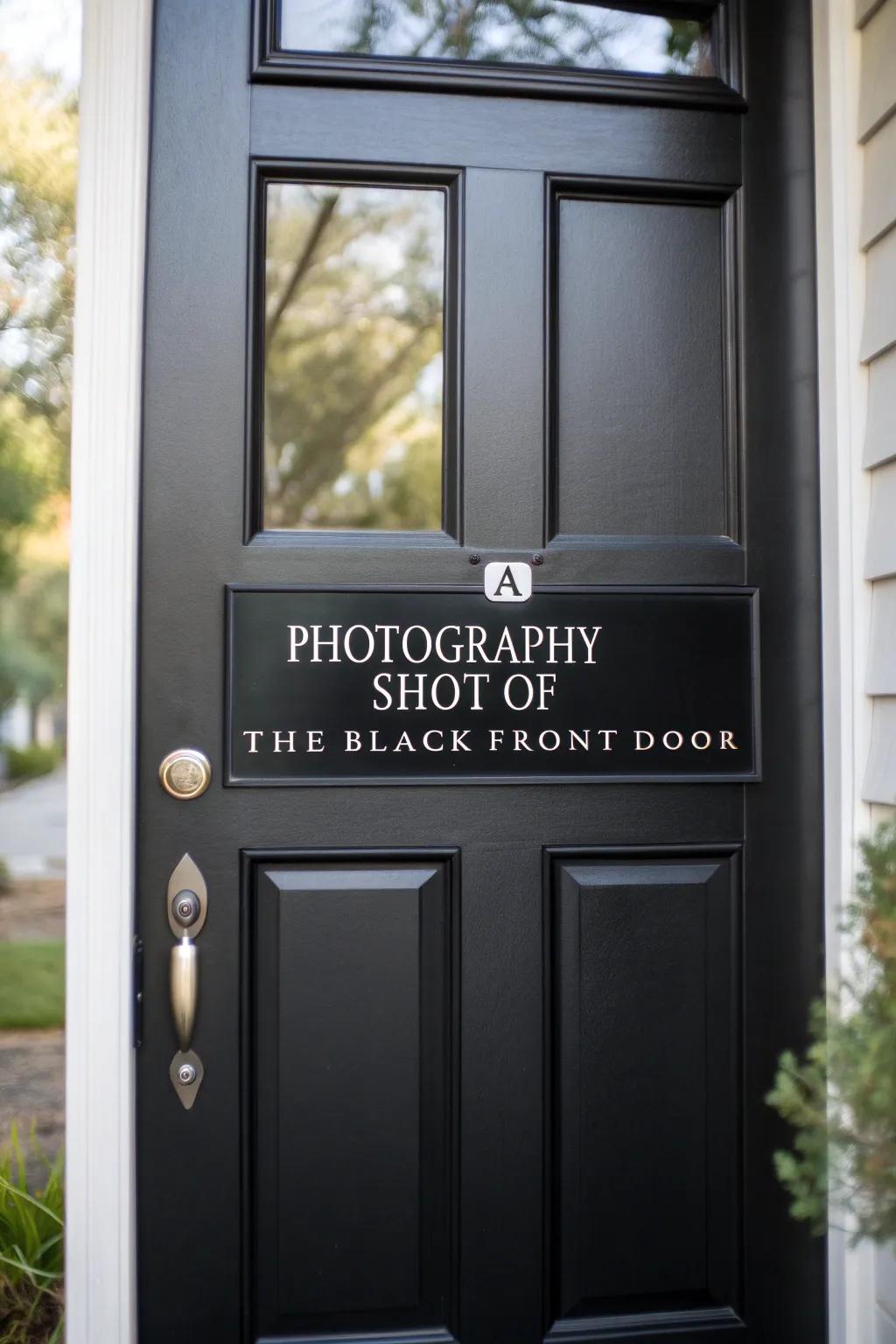 A custom address plaque imbuing a personalized element to a dark-toned door.