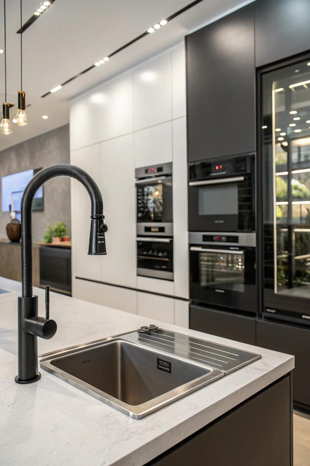 Innovation meets design with this hands-free dark tap in a modern kitchen setting.