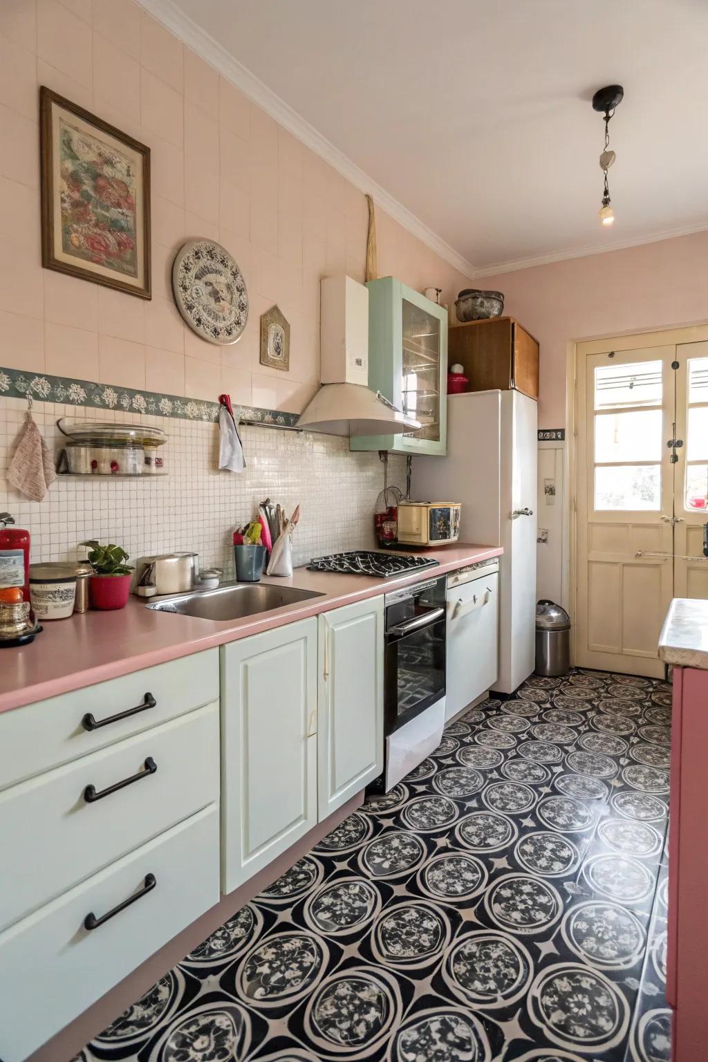 A vintage-inspired kitchen with ink patterned floor tiles.