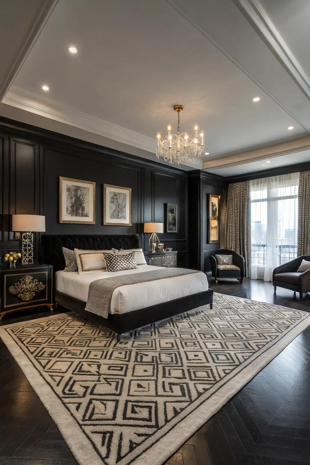 A statement rug ties the room’s elements together.