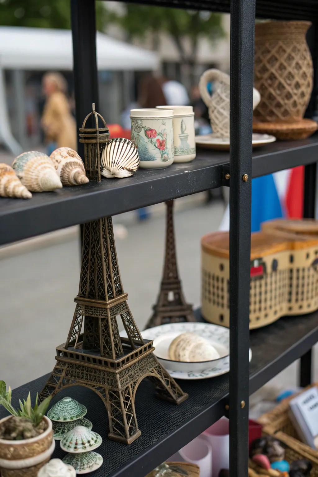 An individual collection of travel keepsakes displayed on a dark shelf.