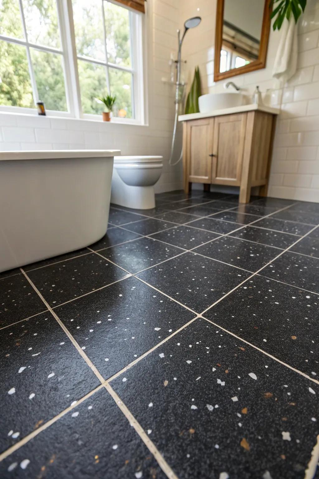 Black terrazzo tiles add a dramatic texture to the bathroom floor.