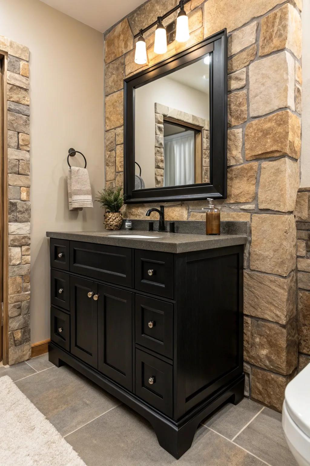 Natural rock pieces add an earthy and textured charm to a dark sink cabinet bathroom.