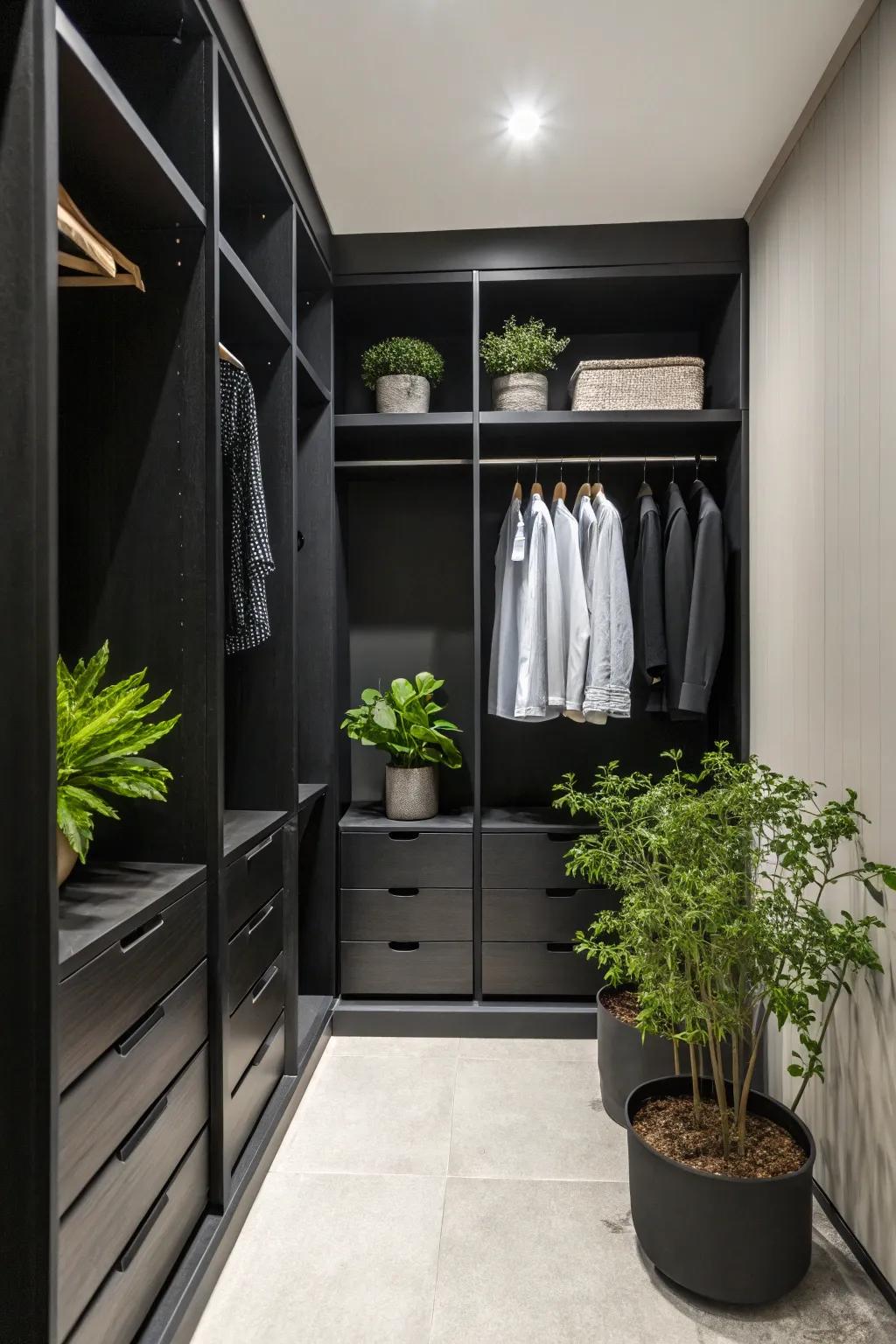 Greenery brings a refreshing accent to the elegant ebony closet.
