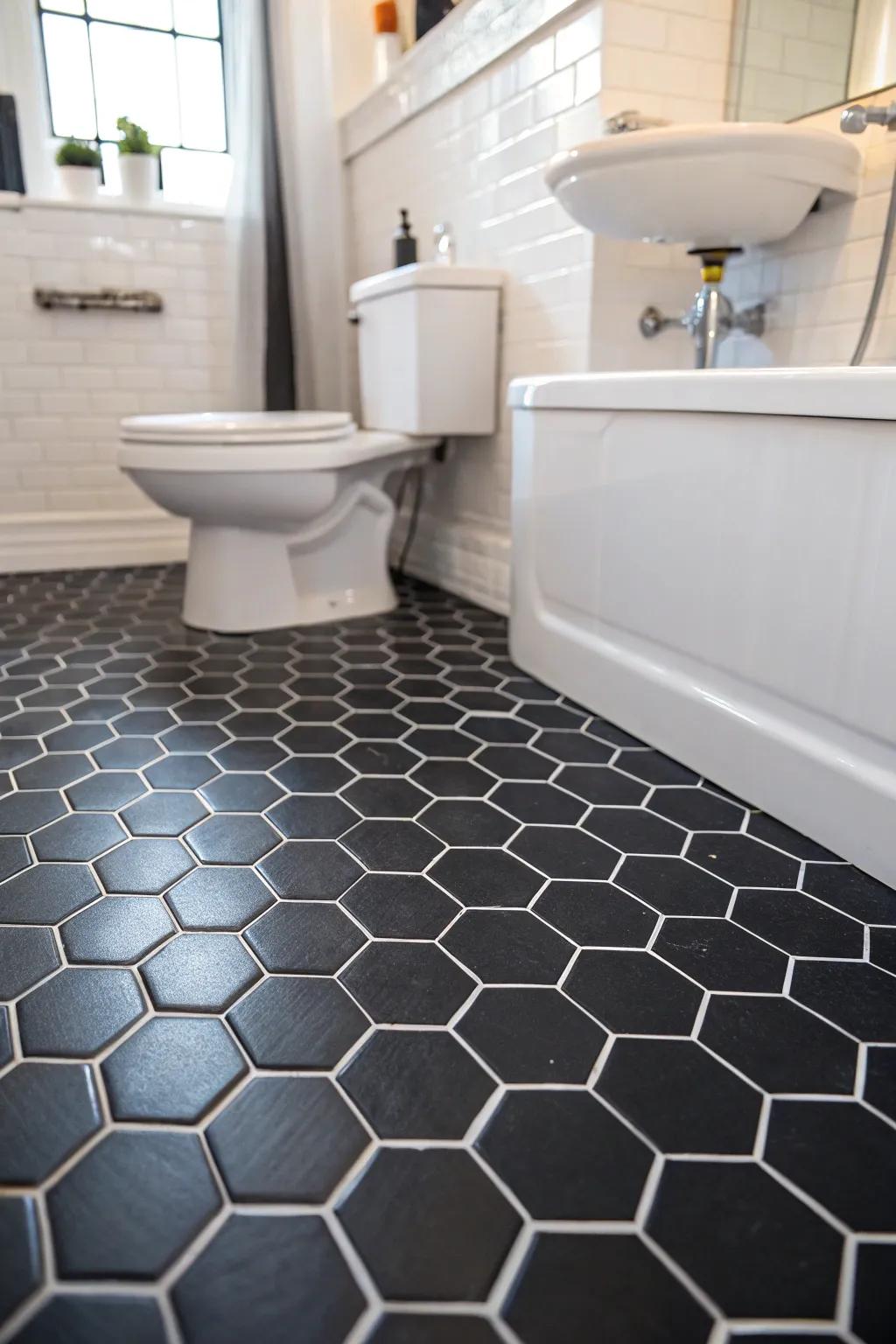 Dark hex panels add architectural elegance to this bathroom floor.