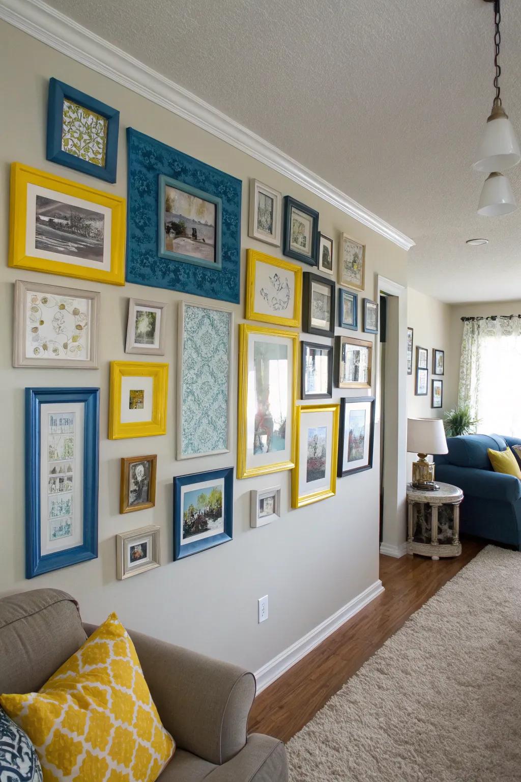 An eclectic gallery wall with blue and yellow frames for a personal touch.